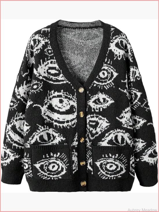Sweaters - Oversized Graphic Button Down V Neck Drop Shoulder Long Sleeve Cardigan